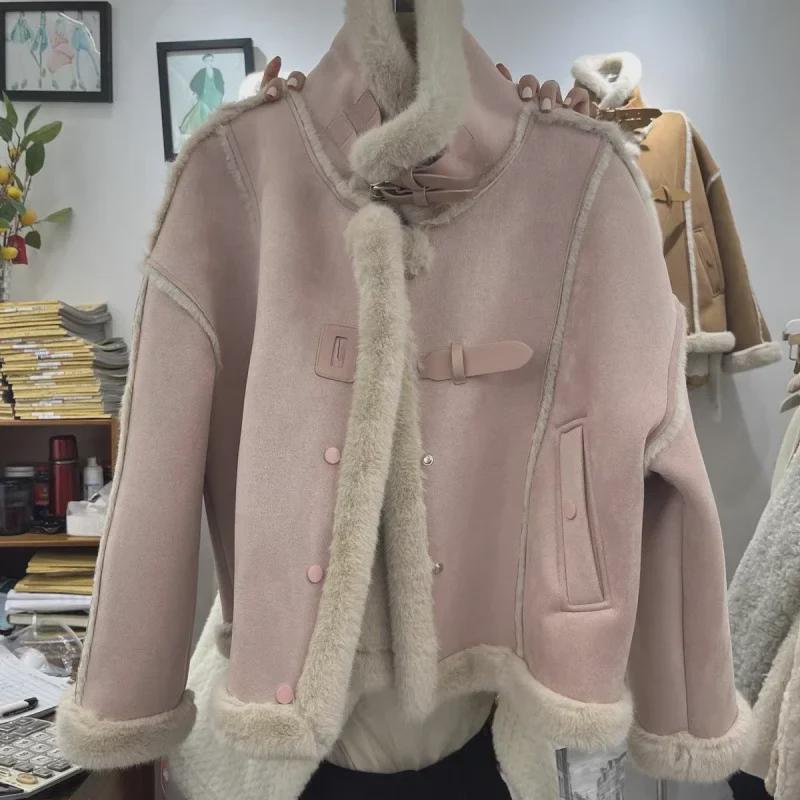 

Женская зимняя мотоциклетная куртка с воротником-стойкой, бархатом и мехом из овечьей шерсти, мода 2024 года M (recommended for 80-110 jin) розовый