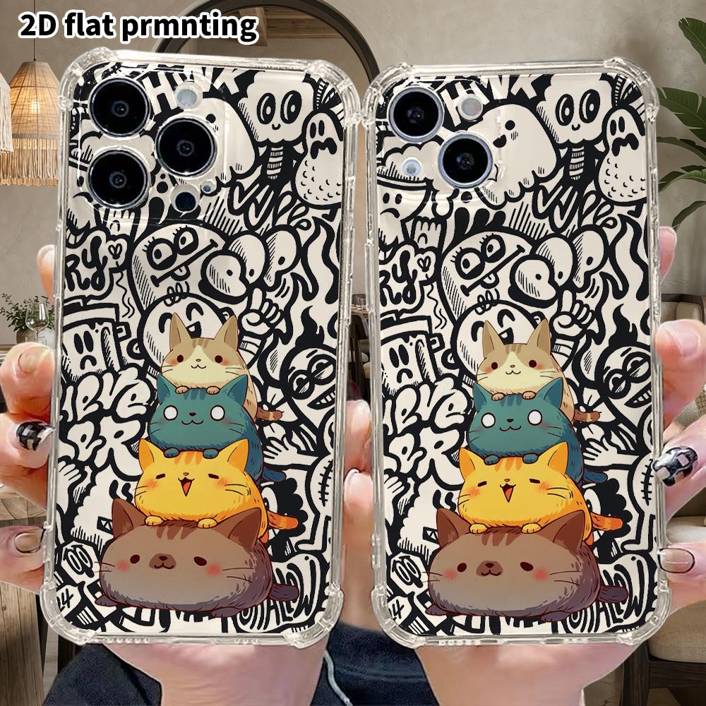 Phone Case: 2D Flat Suitable for iPhone 18 17 16 15 14 13 Pro, Transparent Four Corner Protective Case, Stacking Cats, Christmas and Halloween Gifts