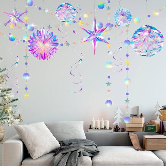 29 Pcs Iridescent Party Decorations Holographic Foil Fan Shiny Star Honeycomb Ball Hanging Swirls Decoration for Baby Shower Mermaid Themed Birthday