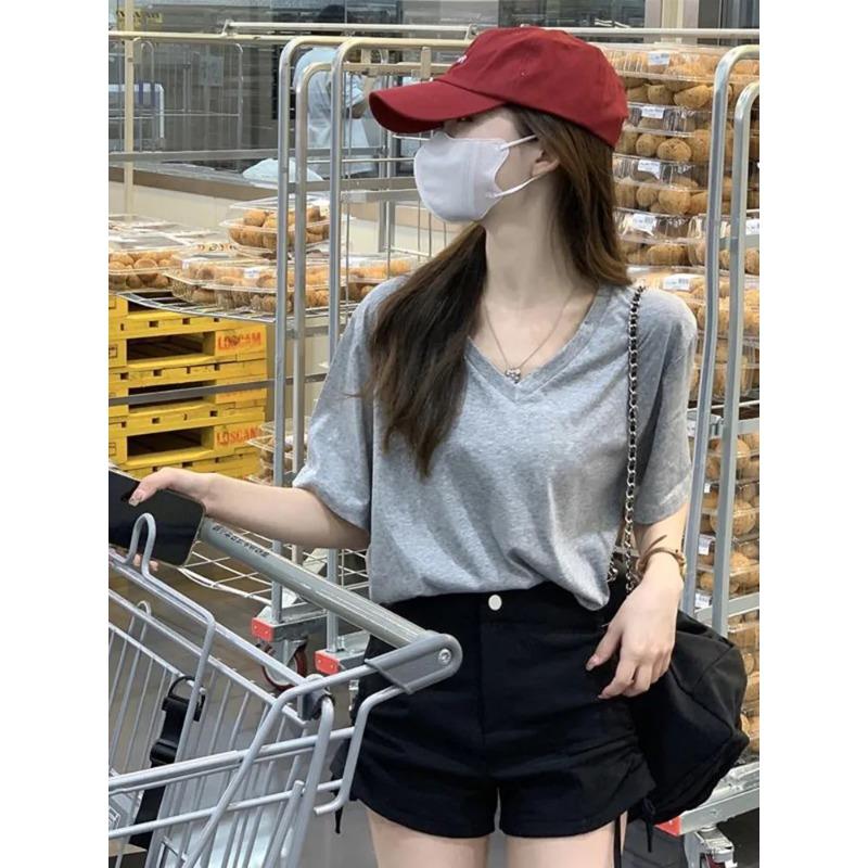 Pure Cotton V-neck Short-sleeved T-shirt for Women in Summer New Niche Korean Version Loose Slimming Versatile Top