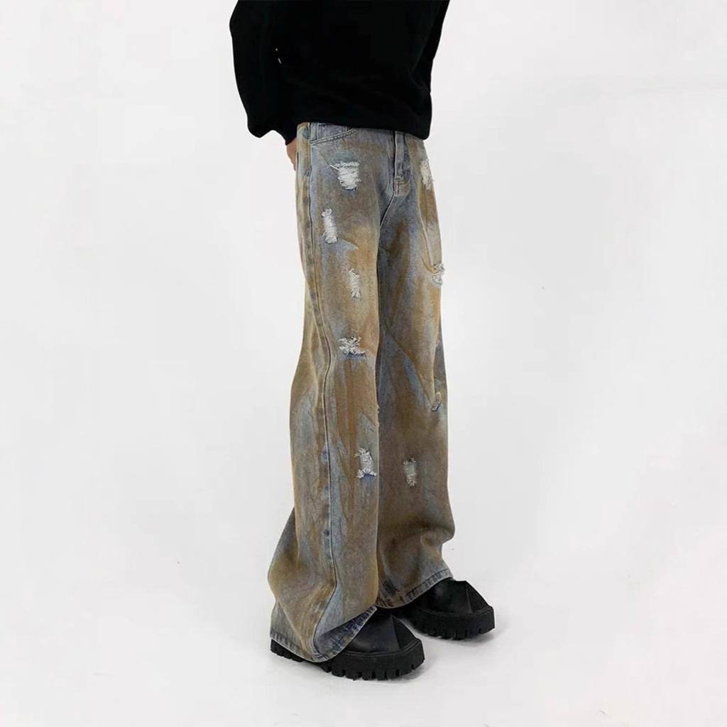 JYL Men's Cargo Flare Jeans American Vintage Camo Spring Lumberjack Straight Denim