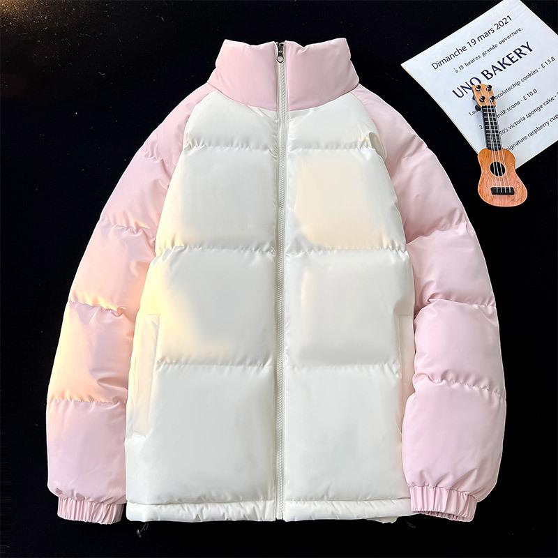 Men's White & Purple Color Block Puffer Jacket Stand Collar Warm Winter Coat