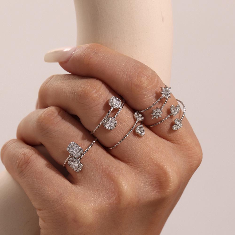 Mili Rhinestone Heart 5A Zircon Geometric Ring – 18K Gold-Plated Adjustable Stainless Steel Band Jewelry Set for Girls.