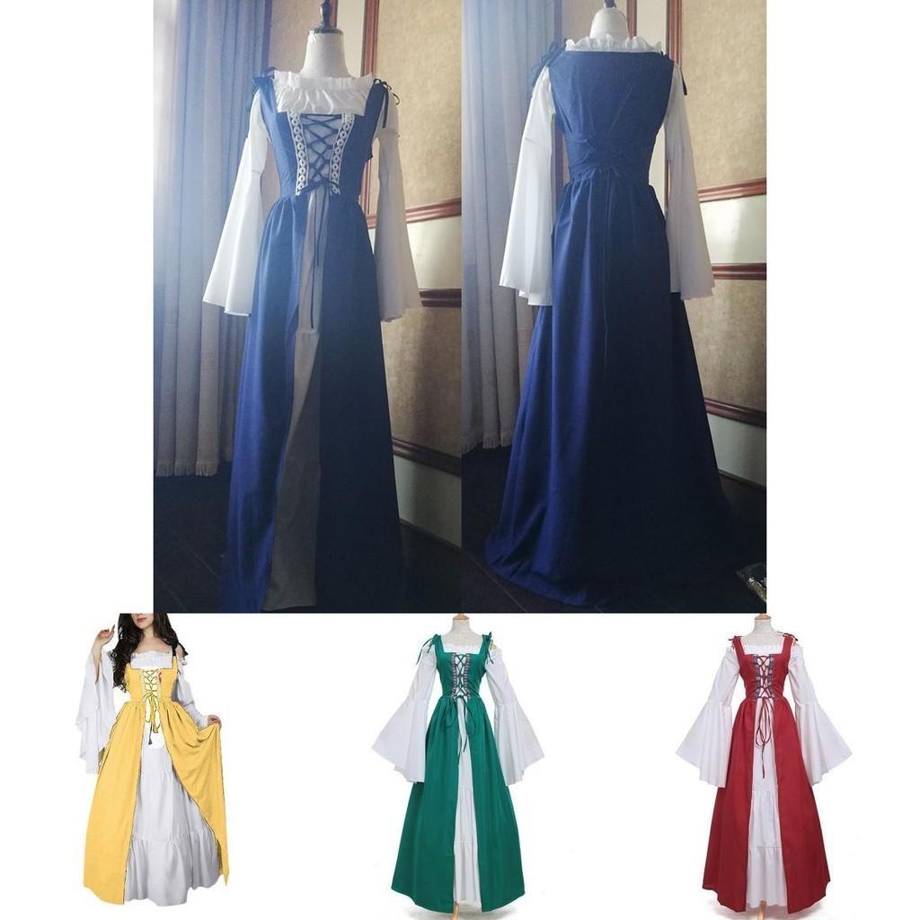 Elegant Women's Vintage Renaissance Medieval Long Dress With Flare Sleeves And Lace-up Detail