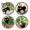 Green Plant Cat Wall Art 4Pcs/Set Plants Decorations, Farmhouse Cartoon Wooden Sign Kitten with Round Frame, Rustic for Living Room Decoration