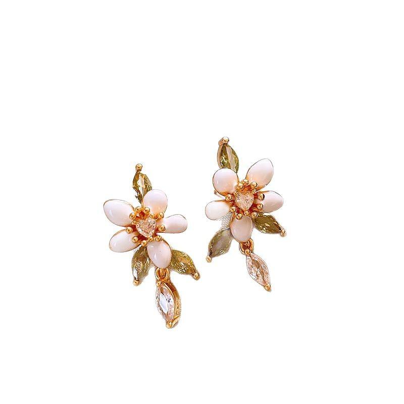 K real gold electroplated silver needle zircon dripping oil flower earrings holiday style fresh stud earrings temperament earrings design sense