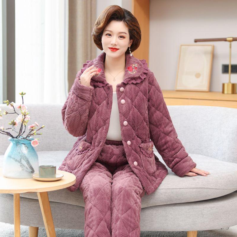Autumn Winter Women's Padded Thick Coral Fleece Coat and Pants Two-piece Warm Pajamas Set Loungewear