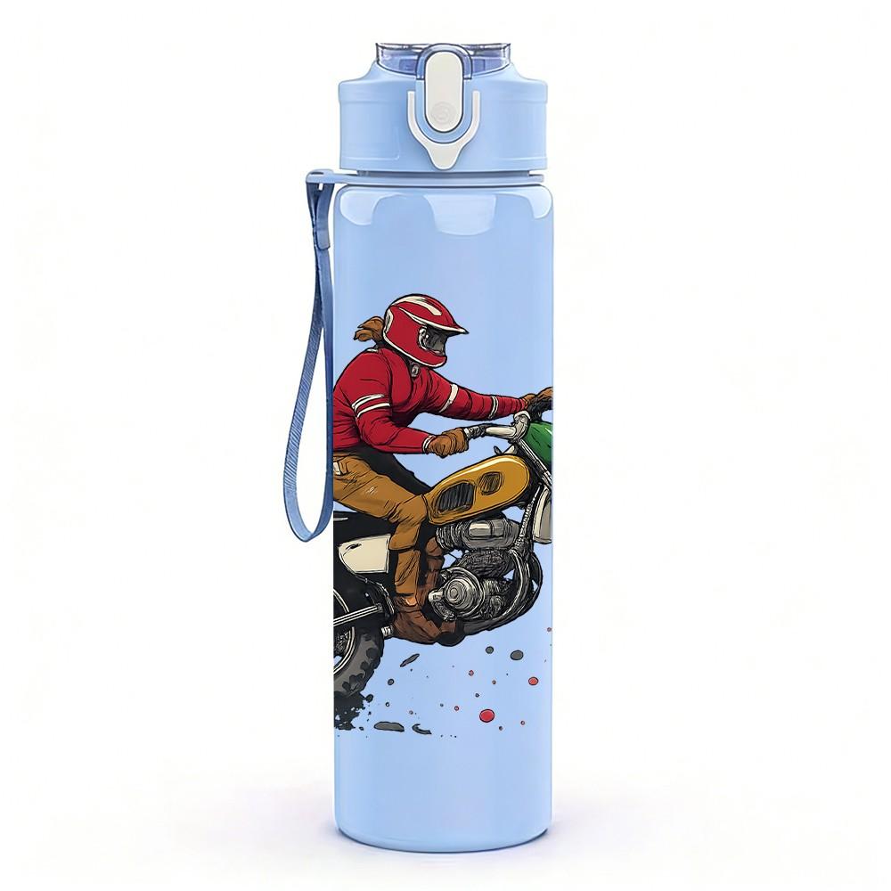 1PC Biker Rider Motorbike Pattern 750ml Color Plastic Sports Water Bottle Leakproof Flip Straw Lid Suitable for Sports Office Home Use