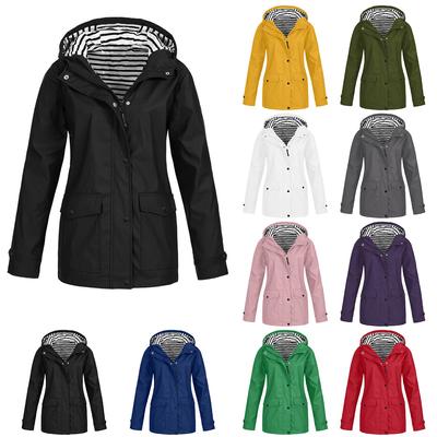 Women Solid Rain Jacket Outdoor Plus Size Waterproof Hooded Raincoat Windproof