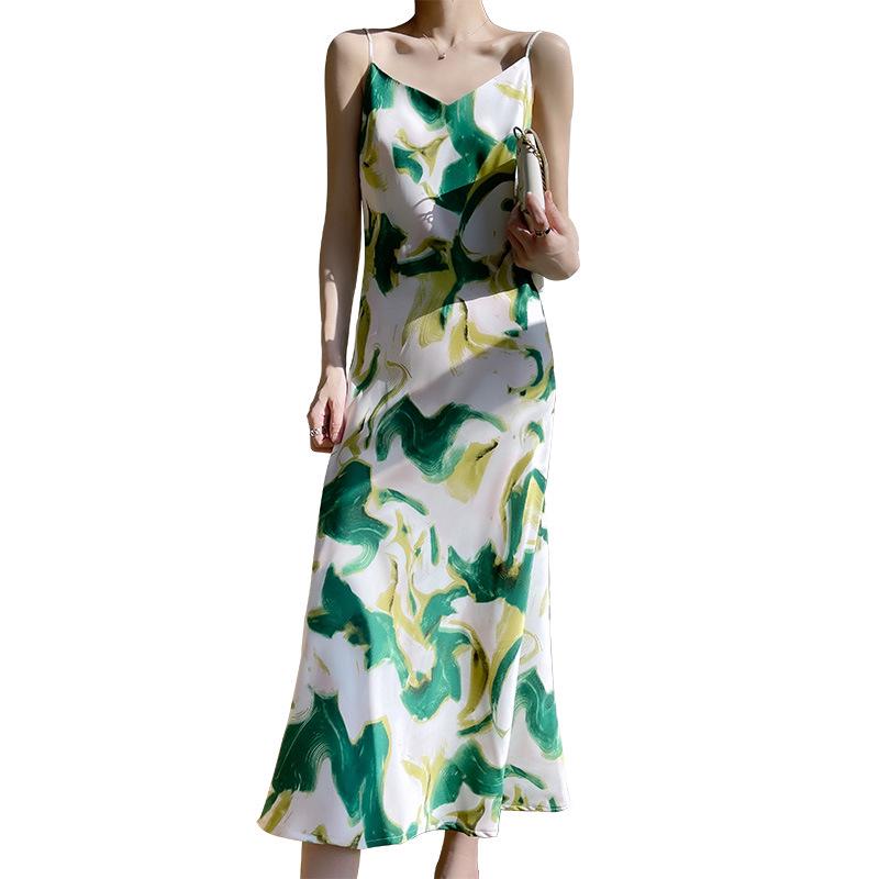 New Women's French Floral Mulberry Silk Satin V-Neck A-Line Camisole Dress - Slimming Summer Style