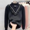 Thick Lace Sweater for Women's Autumn Winter New Half High Collar Bottoming Shirt Integrated Velvet Long Sleeve Knitted Top
