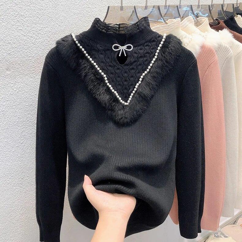 Thick Lace Sweater for Women's Autumn Winter New Half High Collar Bottoming Shirt Integrated Velvet Long Sleeve Knitted Top