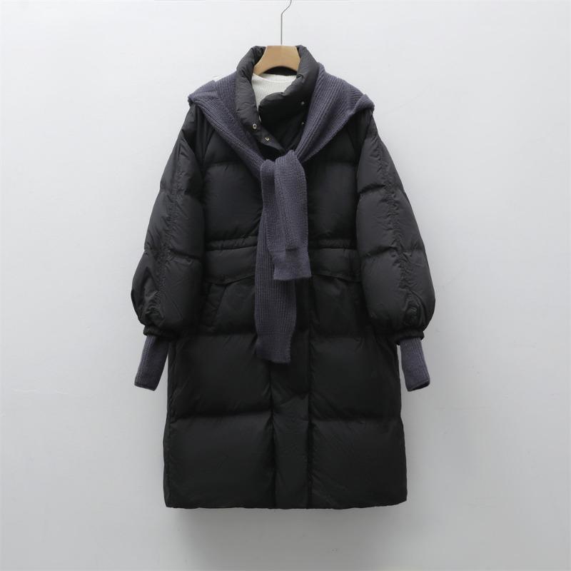 

Белый утиный пух зима новый свободный средней длины пальто с капюшоном съемная вязаная шапка пуховик женский M чёрный