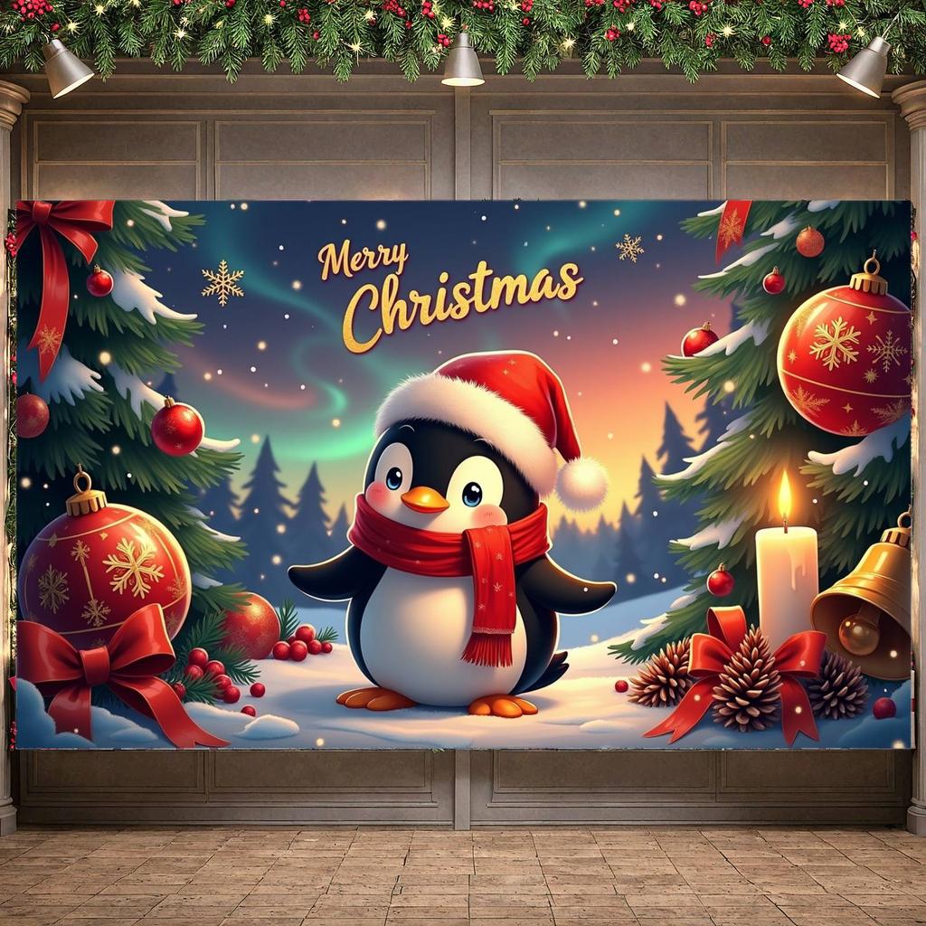Holiday Decor Banner Penguin Theme Christmas Tree Banner Merry Christmas Banner Holiday  For Home Decoration Holiday Indoor