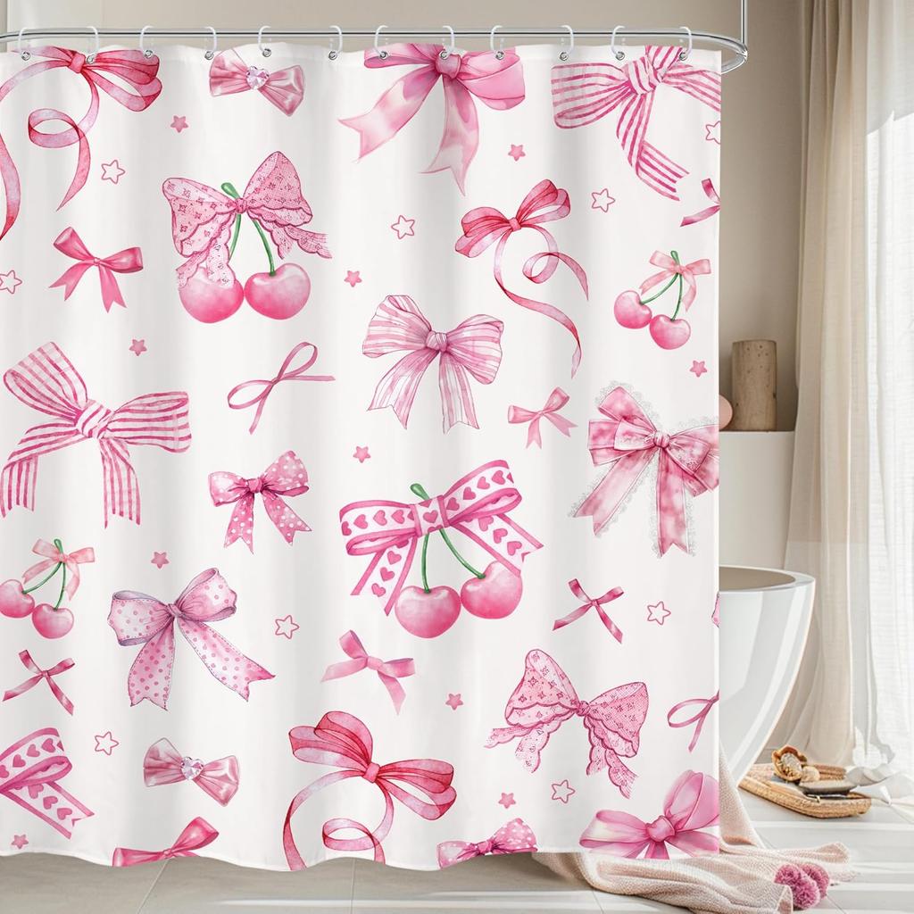 Pink Black Bow Shower Curtain Cherry Girly Preppy Modern Fruit Pretty Sweet Aesthetic for Girls Teens Cloth Fabric