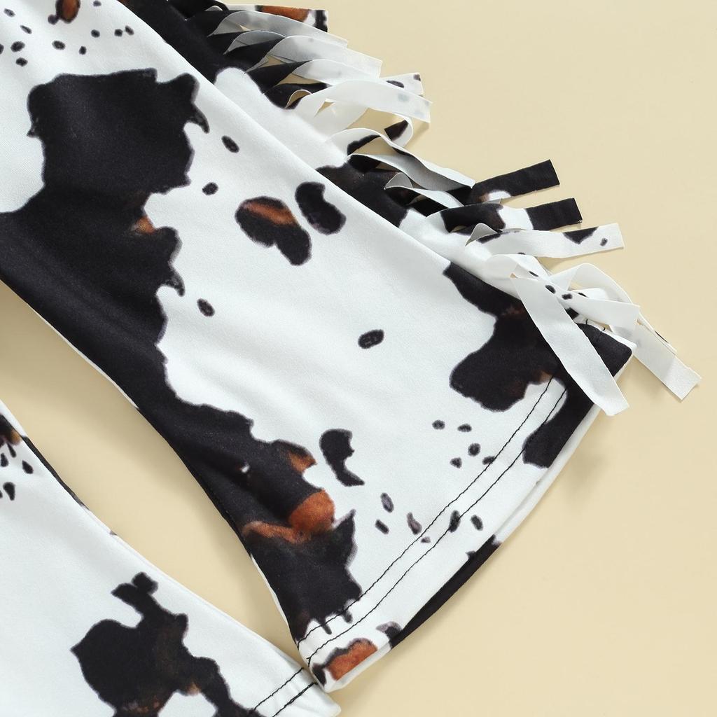 Tinute 2 piese pentru fetițe mici 6M 12M 18M 24M 3A 4A Hanorac cu mânecă lungă cu imprimeu cu litere și pantaloni evazați cu imprimeu de vaci cu ciucuri Haine drăguțe