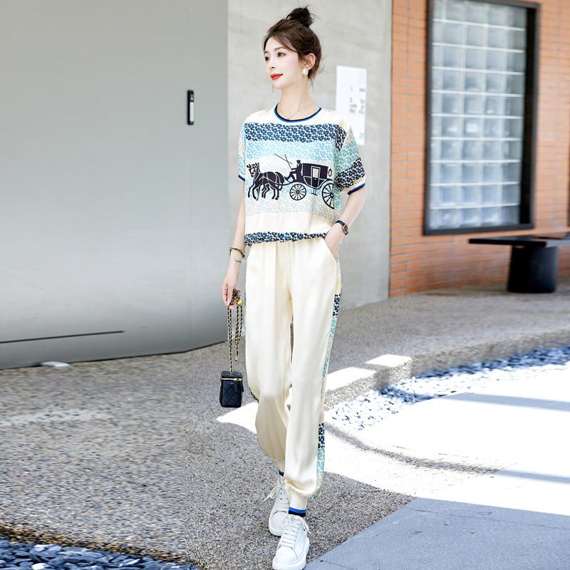 

Летний комплект из двух предметов, женская одежда, Conjuntos Femininos Elegantes, топы с короткими рукавами и принтом + повседневные брючные костюмы S синий