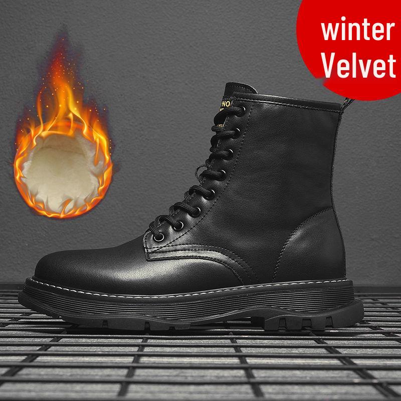 Men's Winter Cotton Fleece-Lined Martin Boots: High-Top, Thick-Sole British Style Workwear Shoes for Snow.