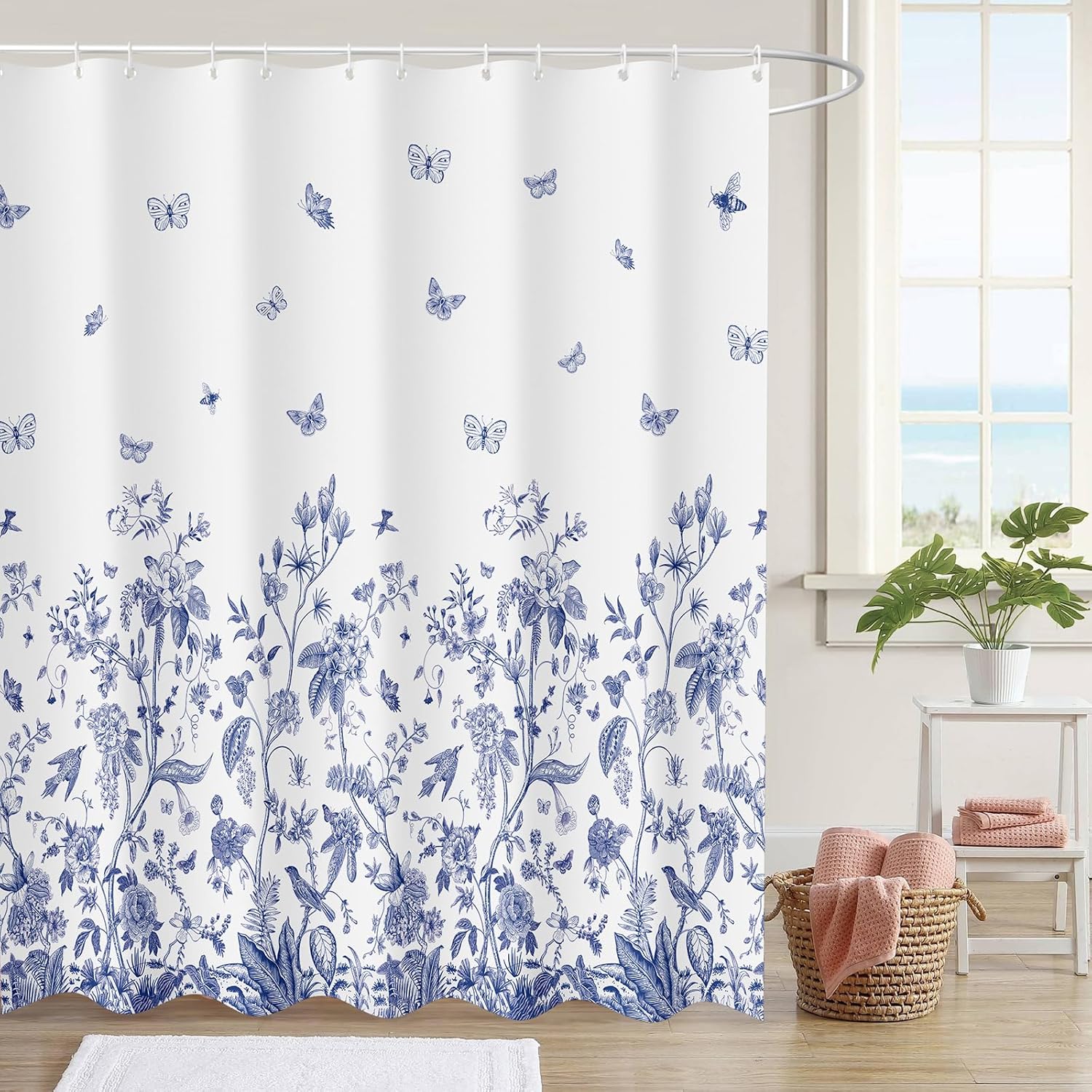 

Spring Shower Curtain Blue And White Floral Shower Curtain Sets For Bathroom, Spill-Proof Fabric Cloth Bathroom Curtains W60H190(CM)-1 Pcs