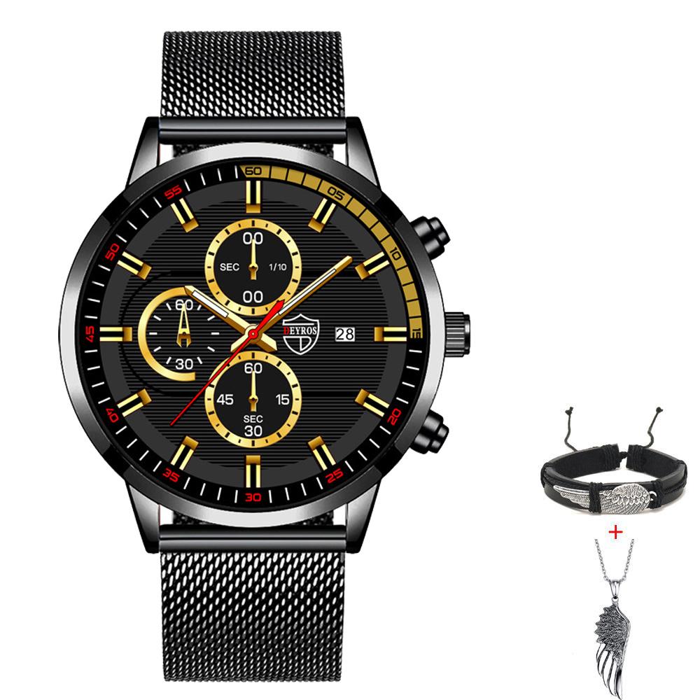 Fashion Men's Casual Watch Man Stainless Steel Mesh Band Wristwatch Mens Calendar Quartz Watches Bracelet Neckalce Set Date Clocki