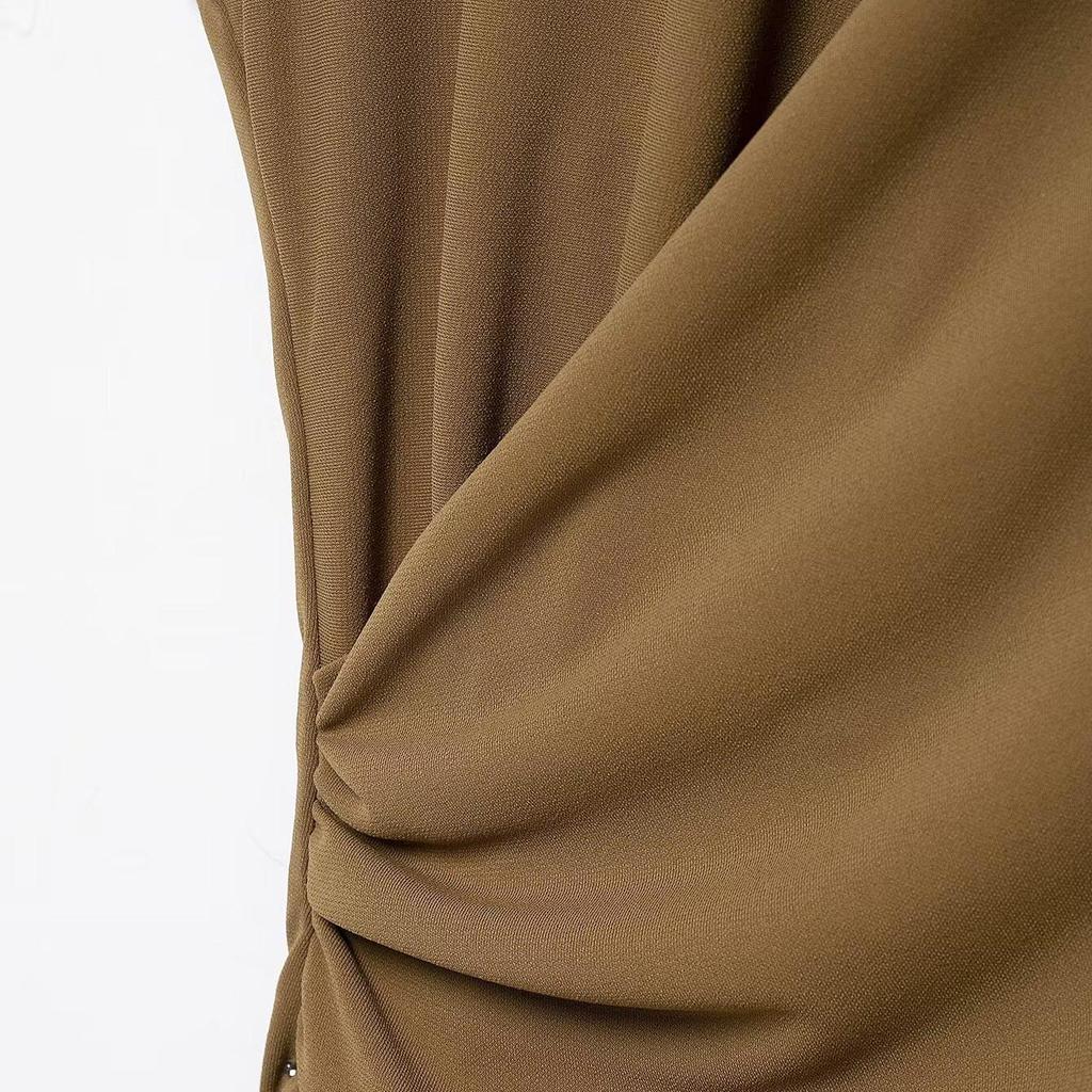 2025 Spring Women's Semi-High Neck Pleated Sleeveless Long Dress