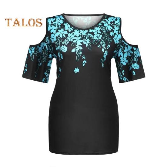 Damen T-Shirt Rundhalsausschnitt Kalte Schulter Kurzarm T-Shirt Lockere Passform Blumendruck Lässiges T-Shirt Für Den Alltag