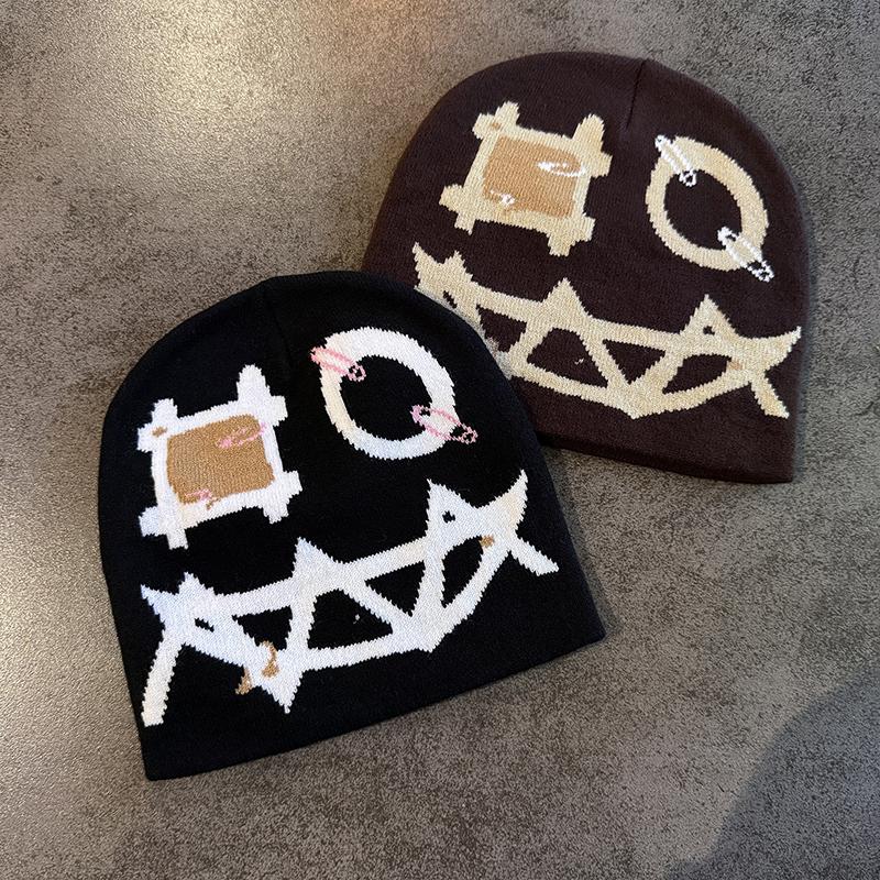 Devil Face Niche Knitted Hat Women'S Autumn And Winter Warm Pullover Cold Hat Street Photograph Concave Shape Wool Hat