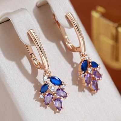 Hollow Geometric Blue Purple Zircon Pendant Earrings for Women Elegant Jewelry Wedding Party Accessories