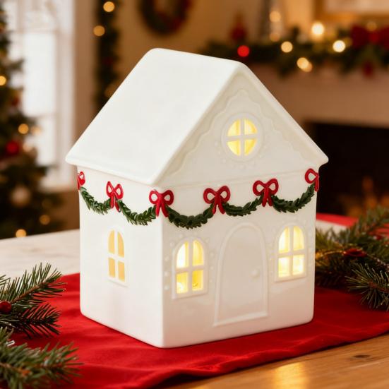 Christmas Mini Village House Figurine LED Lighted Winter Resin Town Cottage Tiny Desktop White House Ornament for Home Shelf Cabinet Table Decor