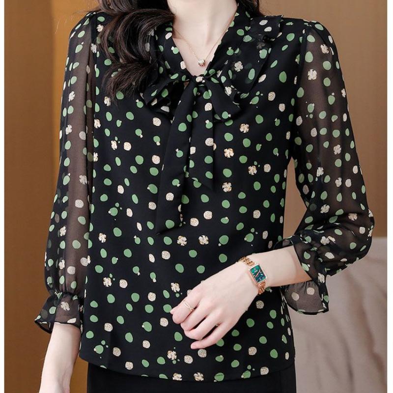 Lace Up Chiffon Shirt Women's New Korean Long Sleeve Print Ribbon Bottoming Top Scarf Collar Blouse M-4XL