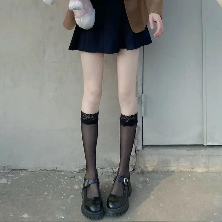 Lolita Summer Nylon Floral Lace Trim Calf Socks Ultra-Thin Transparent Sheer Knee High Socks Jk Girl Women Long Kawaii Stockings