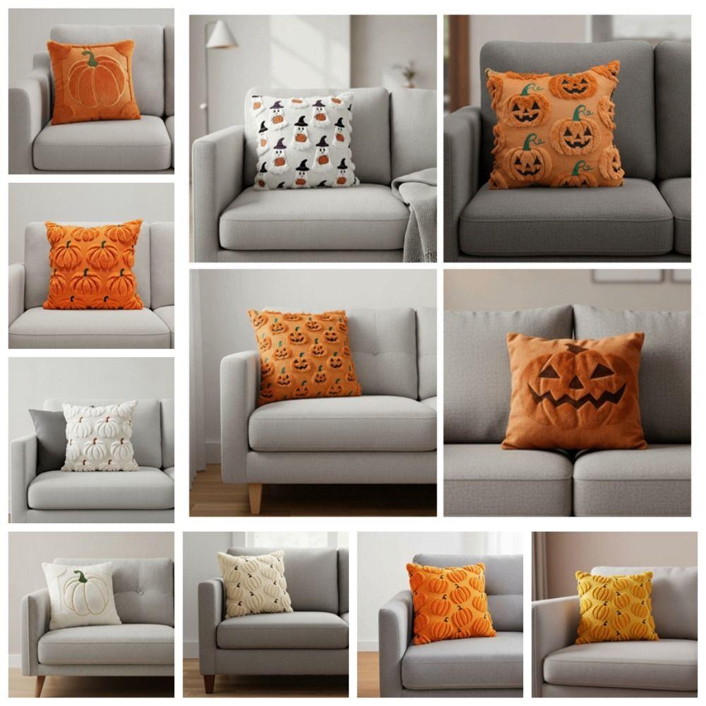 Soft Plush Pumpkin Pillow Case Cute Embroidery Square Shape Halloween Cushion Cover Warm Texture Solid Color