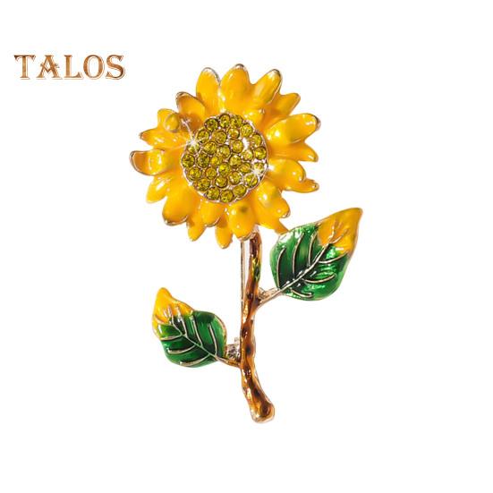 Women Brooch Sunflower Shape Enamel Oil Dripping Retro Rhinestone Polished Coat Collar Bag Scarf Hat Decoration Clothes Pin Party Banquet Clothing
