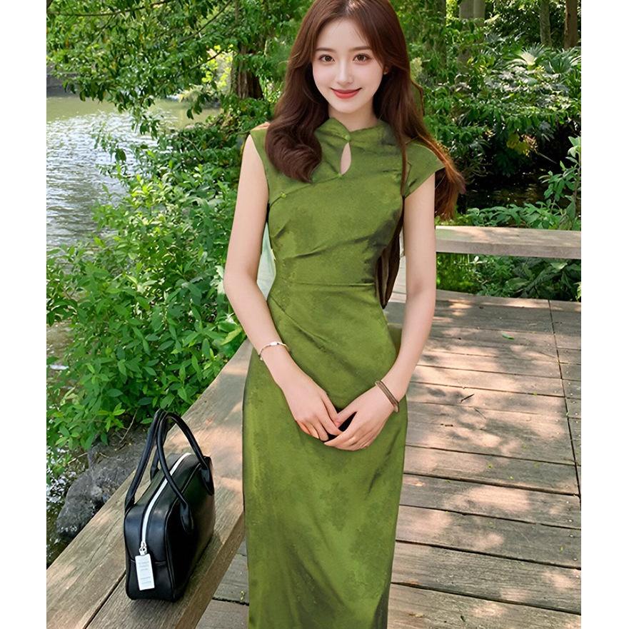 New Chinese-style printed improved cheongsam, young thin and white split-ended long dress, women's summer