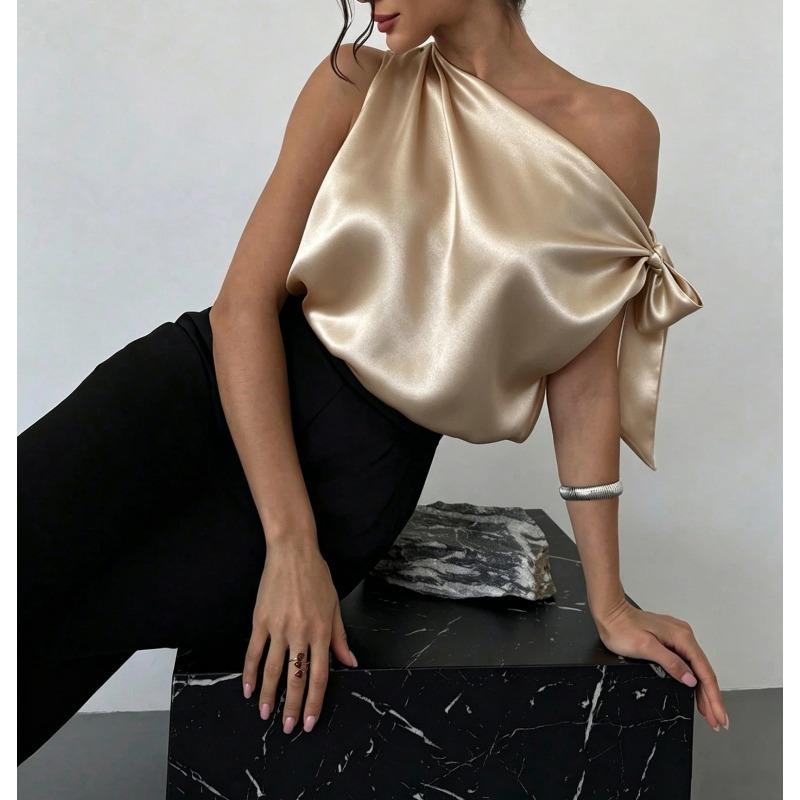 Women One Shoulder Satin Blouse With Bow Detail Elegant Sleeveless Party Tops