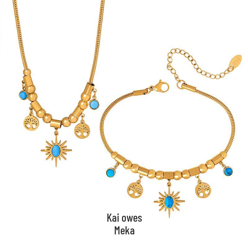Fashion Commuting Jewelry Set: Little Sun Tree Pendant, Turquoise Design Bracelet & Necklace In Titanium Steel