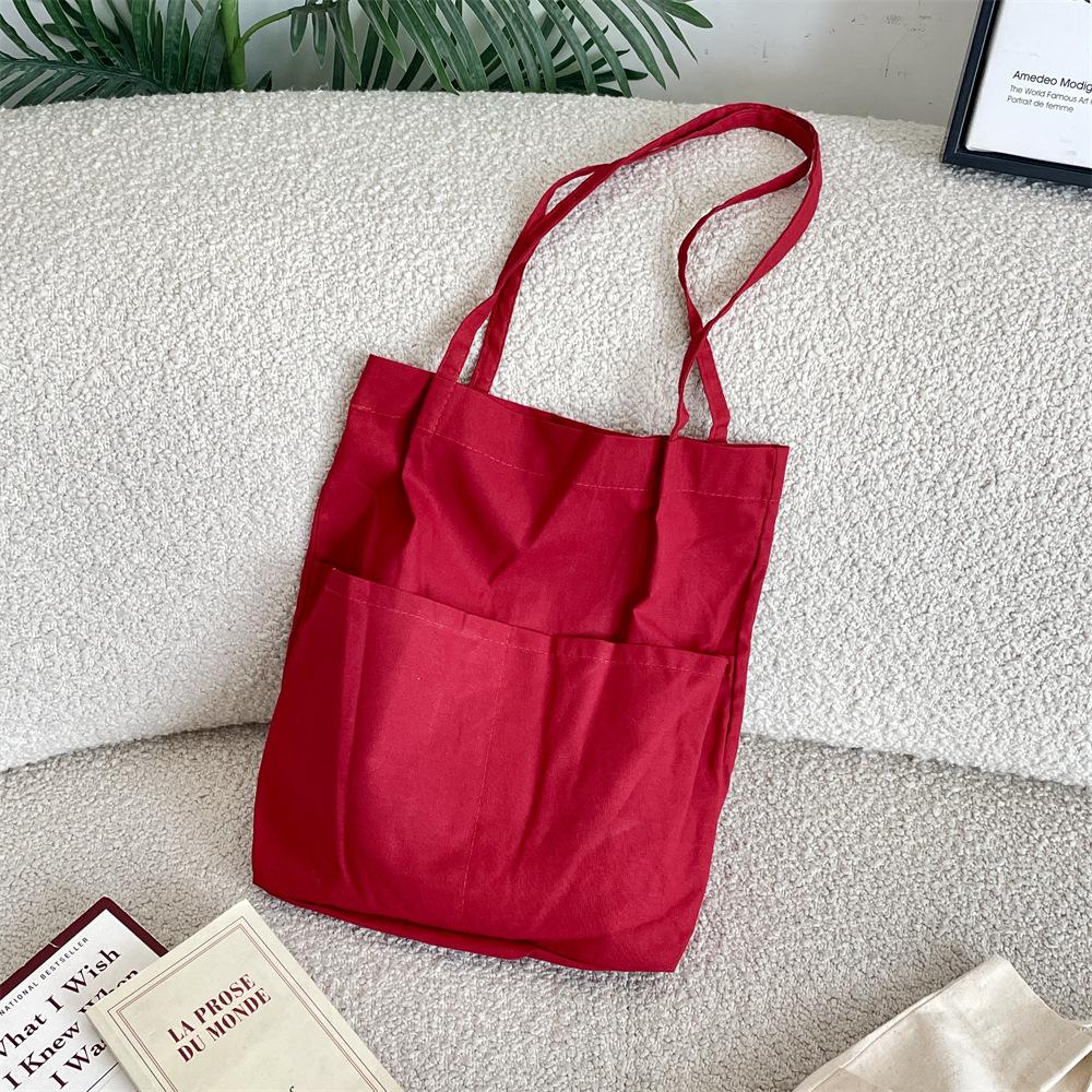 Solid Color Front Bag White Canvas Tote Bag Literary Shoulder Bag Student Large Capacity Bag