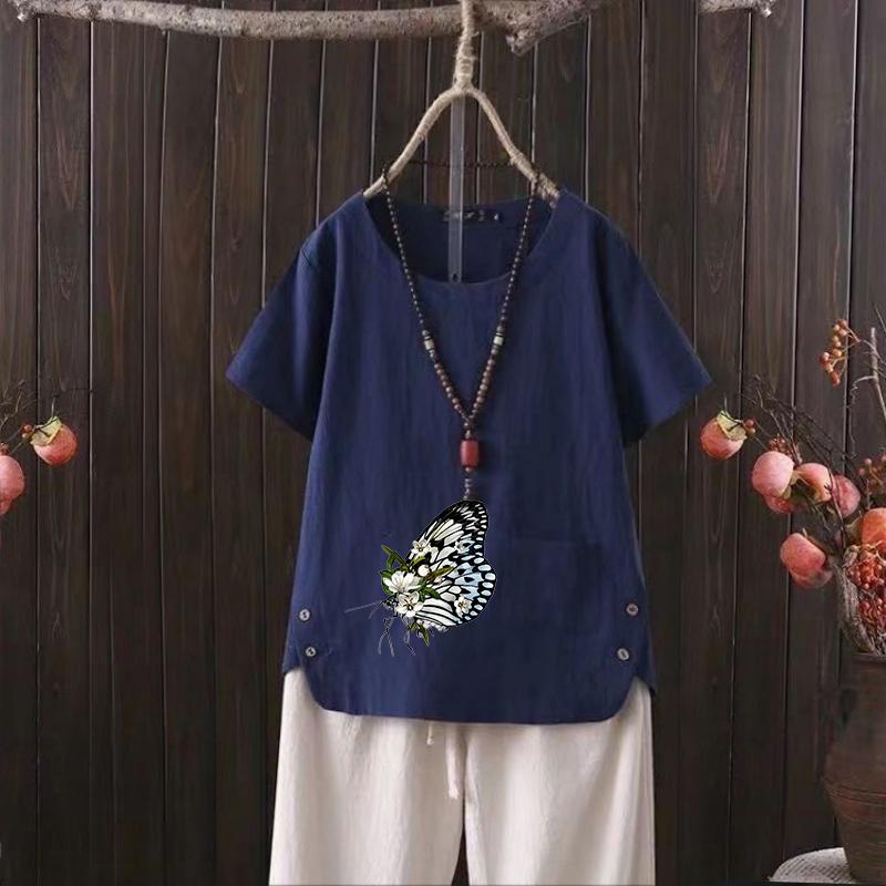 

Летняя новинка 2025 года, женская футболка из хлопка и конопли с V-образным вырезом и принтом бабочек - Легкая и модная 4XL темно-синий