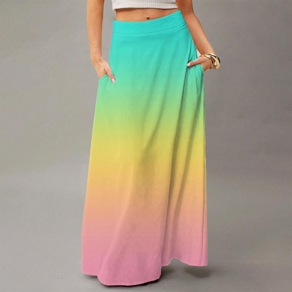 Damen Lässig Freizeit Faltbar Farbverlauf Druck Hohe Taille Mit Tasche Drapierter Entspannter Langer Maxi Rock