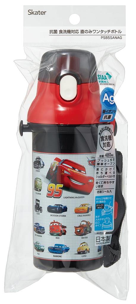 Skater Plastová láhev na vodu 480 ml, antibakteriální, jedno stisknutí, vhodná pro děti, lehká, antibakteriální úprava, vyrobeno v Japonsku, Disney Cars 25 Boys