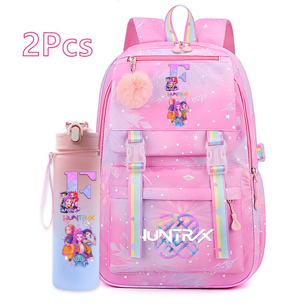 2 Stück/Set Ainme K-Pop Demon Hunters Rucksack mit englischem Buchstabenaufdruck mit Wasserflaschenhalter für Teenager Mädchen Jungen Schultasche Reisetasche