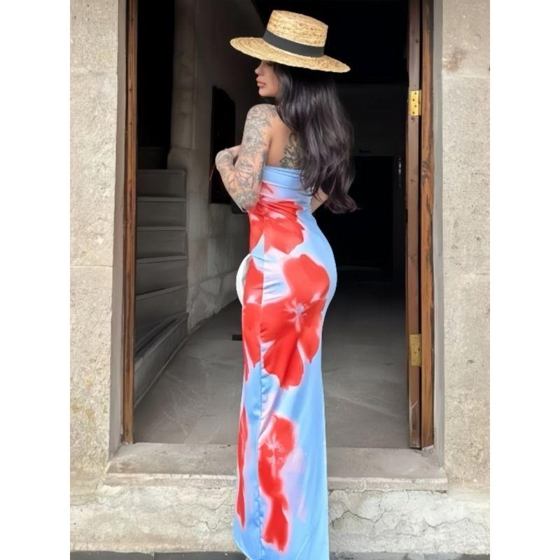 Western Style Women clothes 2024 Summer New Fashion Sexy Slim fit Print Wrap-around Split Dress