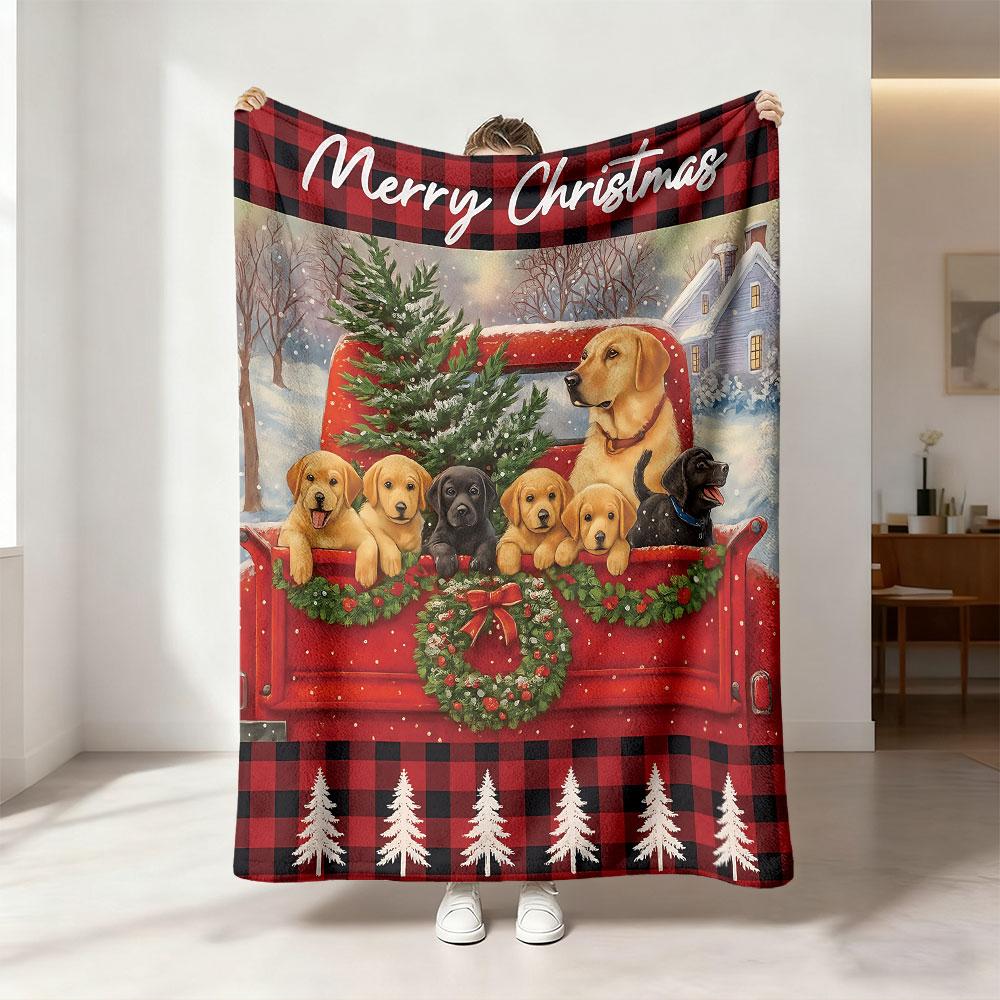 1pcs 230g flannel blanket. Merry Christmas, Christmas red truck dog decoration painting, soft and comfortable.