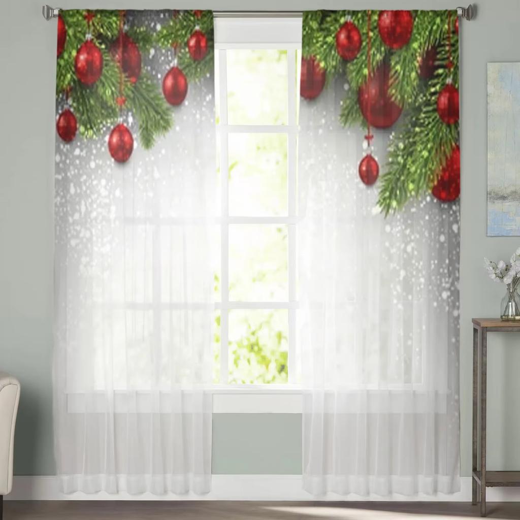 Farmhouse Christmas Ball Curtain Living Room Cafe Xmas Gifts Balls Window Curtains Kitchen Bedroom Outdoor Yard Sheer Polyester Ideal For