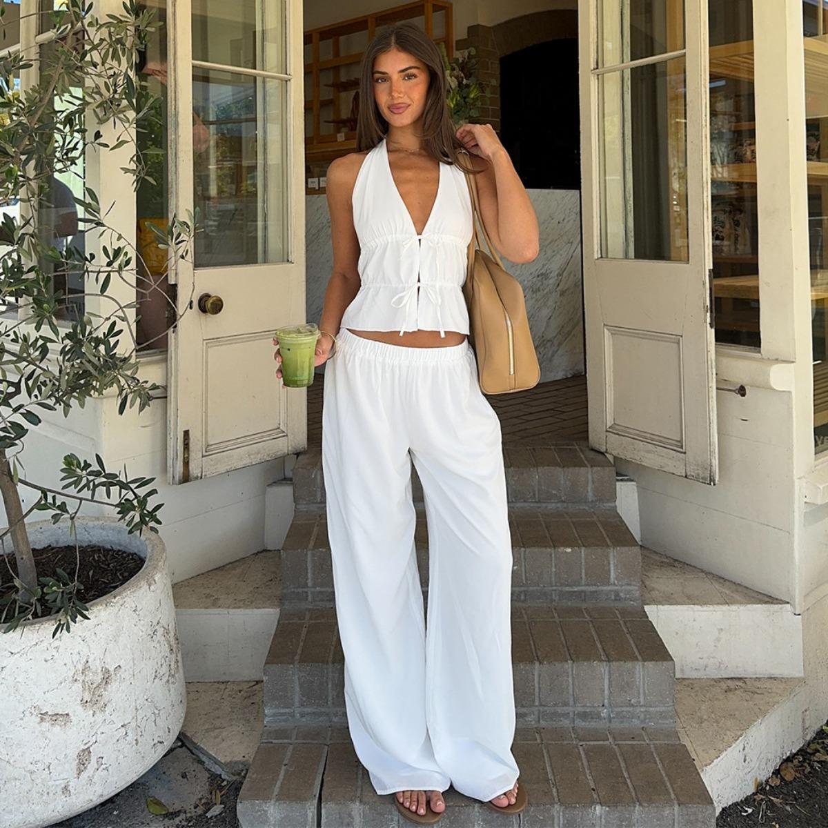 

Spring Summer 100% Cotton 2 Piece Set Women Halter Neck Vest + Wide Leg Long Pants Outfit Casual Lace-up Matching Set S белый