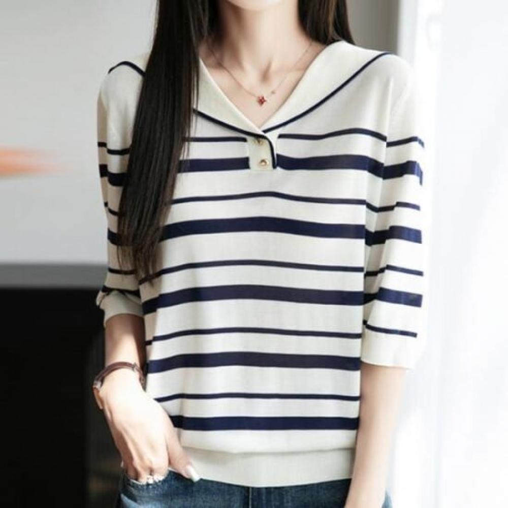 Navava Women Casual Stripe Collar 5 Sleeve Knit Nk2940