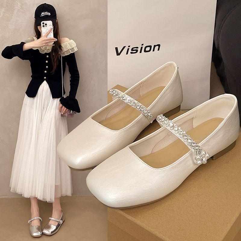 French one-word with rhinestone flat Mary Jane shoes 2025 spring and summer new fashion square head shallow mouth soft sole single shoes women