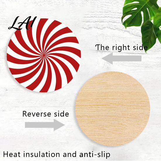Winter Home Decor Accessories 4Pcs Red White Spiral Wooden Coasters Round Peppermint Candy Drink Lightweight Stackable Wood Mat Heat‑Resistant Cup