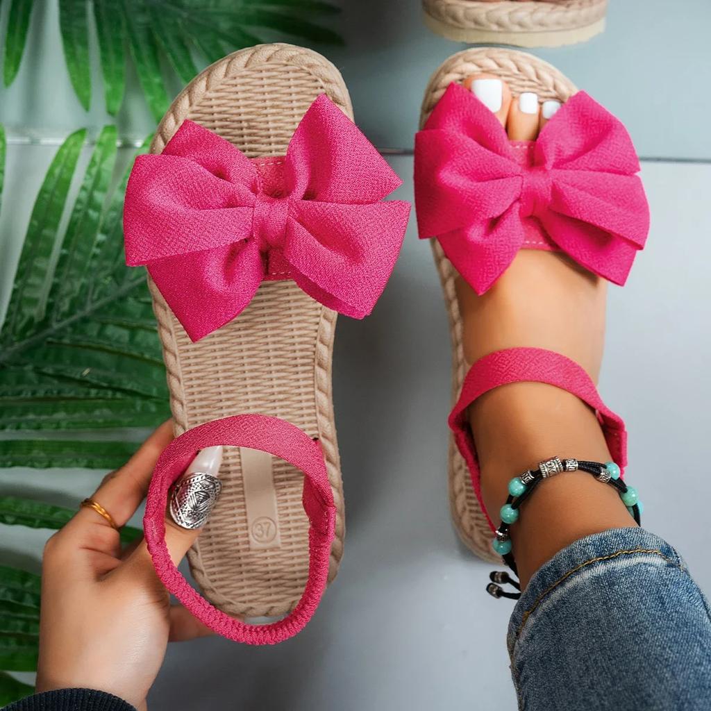 Women Sandals 2025 New Summer Lightweight Sandals Beach Casual Slippers Outdoor Bow Tie Flat Shoes Home Slides Women