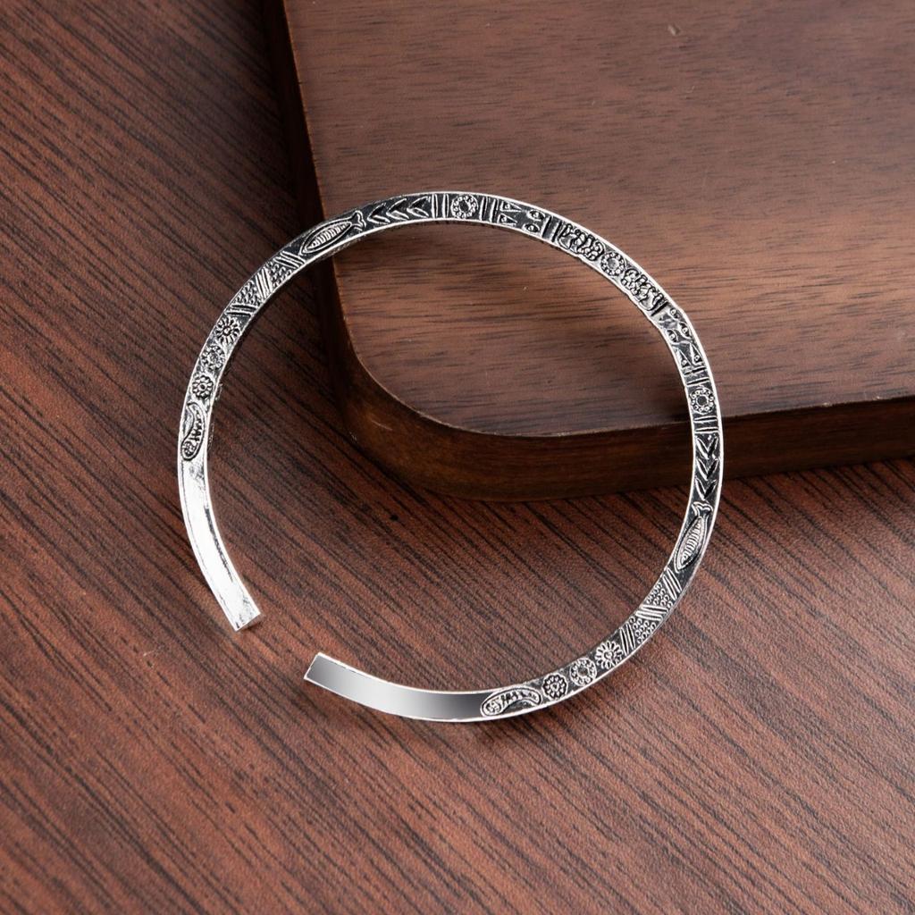 Open Bracelet Men'S And Women'S Metal Ancient Silver Bracelet Retro Simple Bamboo Feather Engraving Bracelet